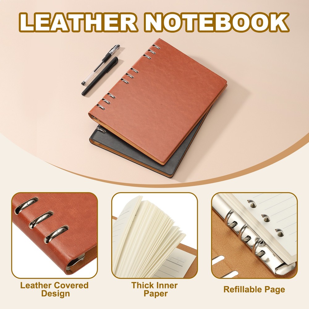 B5 Refillable Leather Notebook 9 Ring Hardcover Binder Notebook Brown