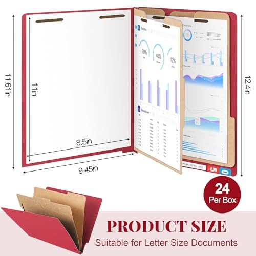 24 Pcs Classification Folders Letter Sizes Pressboard File Dark Red 2 Divider