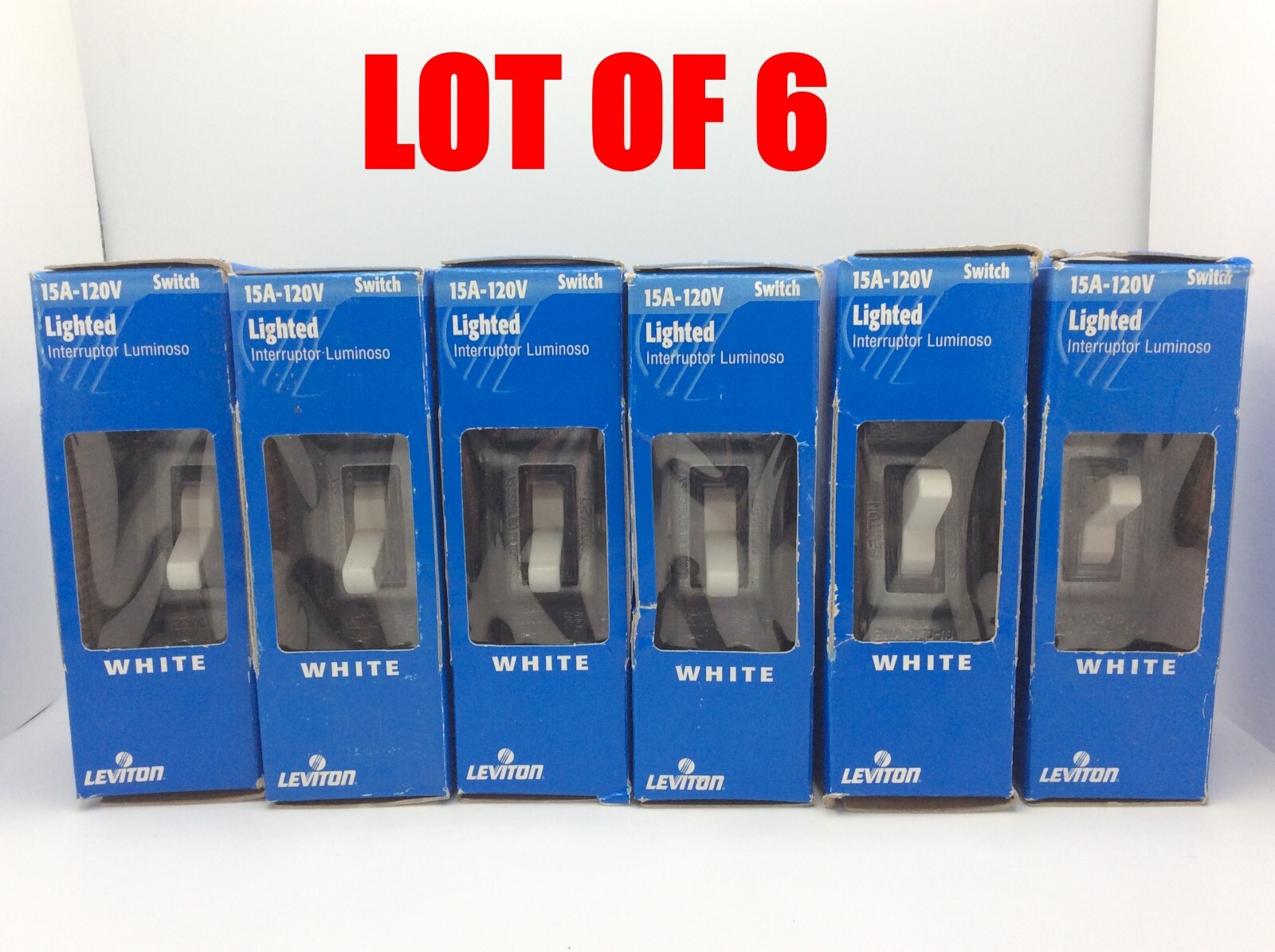 Leviton 1-Pole Light Switch White, Toggle Glows in Dark, 15A 120V 4.2 H in 6/LOT