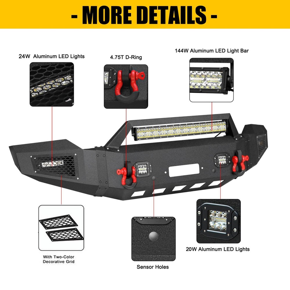 前绞车保险杠套件 RAM 2500 3500 2003 - 2005 黑色越野钢 LED