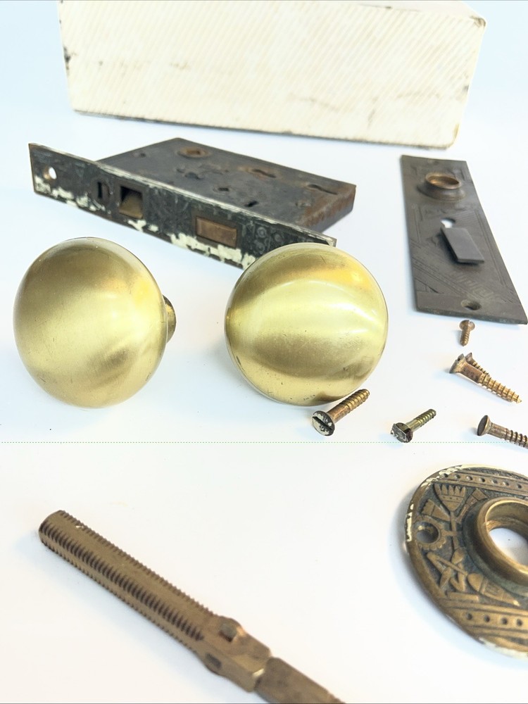 Antique RH Company Mortise Lock Set Brass Knobs Escutcheons Complete