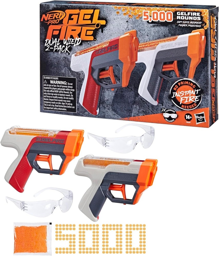 NERF Pro Gelfire Dual Wield Pack, 2 Blasters, No-Prime Fire, 5000 Rounds, Goggle