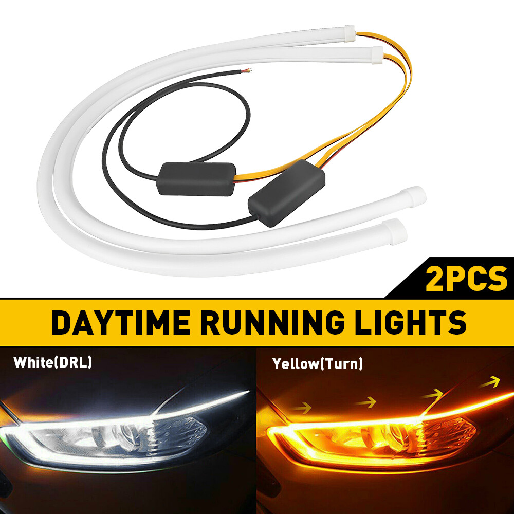 2 PCS White Amber 60cm LED Strip Daytime Runnning DRL Light Headlight Sequential