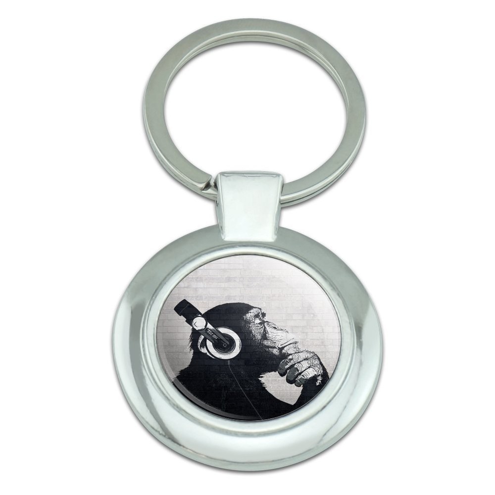Headphone Chimp Monkey Wall Classy Round Chrome Plated Metal Keychain