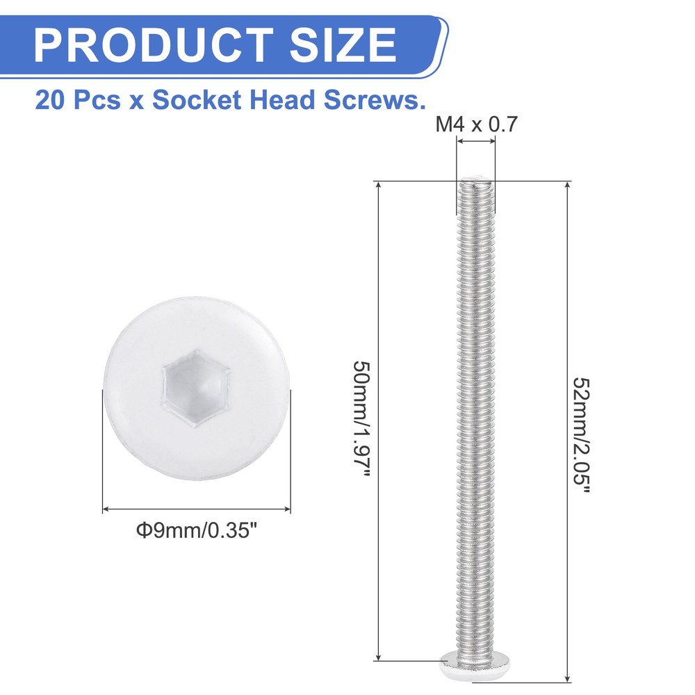 20 Pcs M4-0.7 x 50mm Button Head Hex Socket Head Screws, White