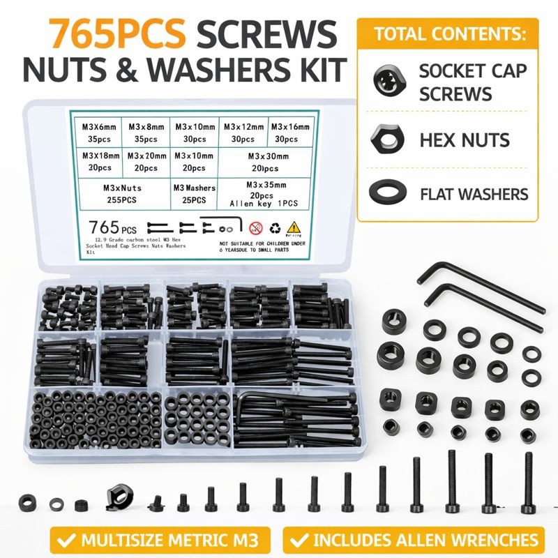 765 Pcs M3 Screw Assortment Kit Hex Socket Cap Screws Nuts Washers Set