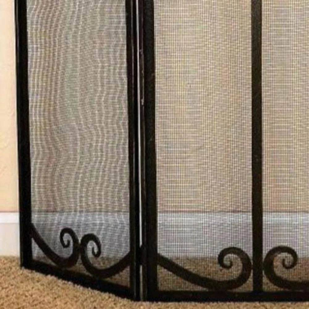 3 Panel Fireplace Screen in Burnished Black Brown with Scroll Pattern