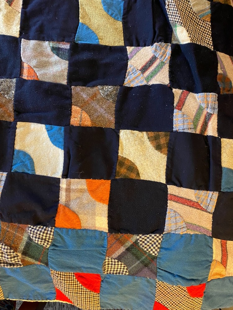 1920s Wool Quilt Drunkard’s Path Variation Antique Patchwork Blanket Heavy 80x65