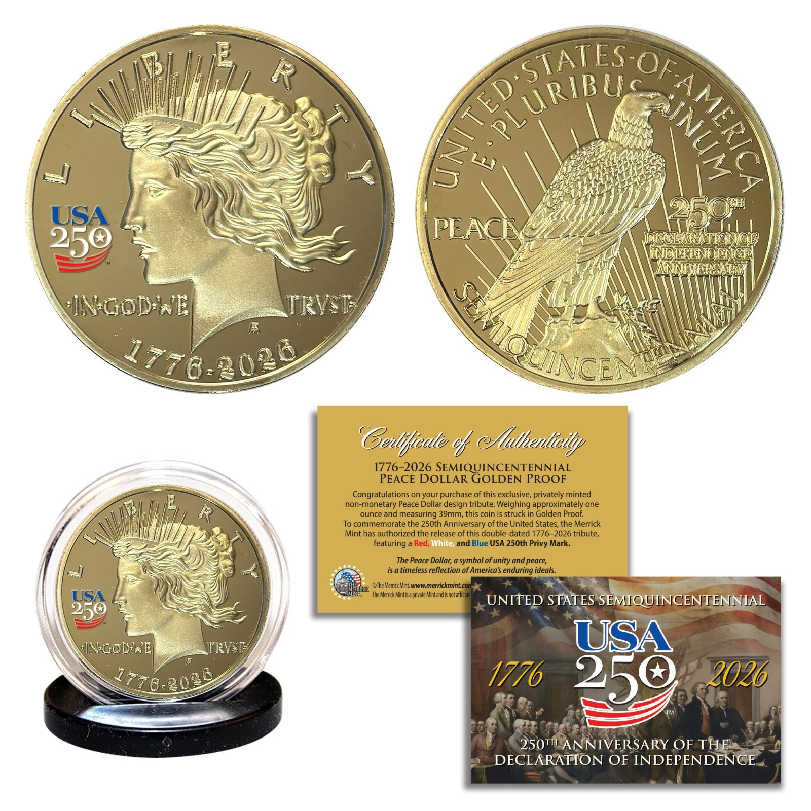 1776-2026 Semiquincentennial AMERICA 250 PEACE DOLLAR Golden Tribute 1 OZ Coin