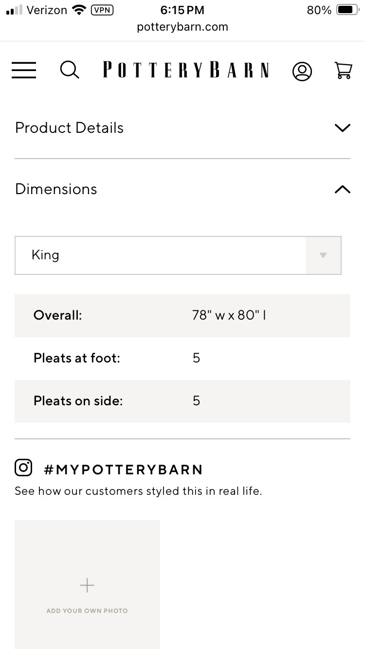 Pottery Barn Off-White Pleated Button Bed Skirt (KING) 14" Drop