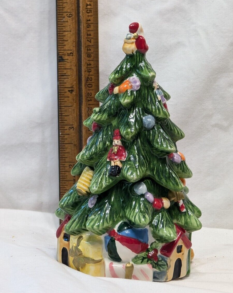2 pc. 7" Spode Ceramic Decorated Xmas Tree Candy Box Hand Painted in Nice Con.