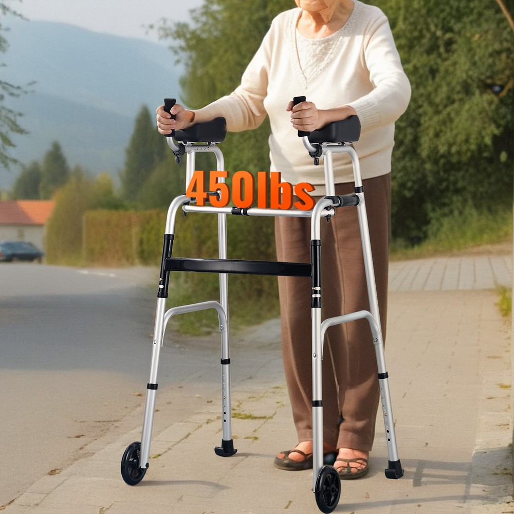 VEVOR 2 in 1 Folding Walker with Armrest Pads & 5" Solid Wheel Height Adjustable