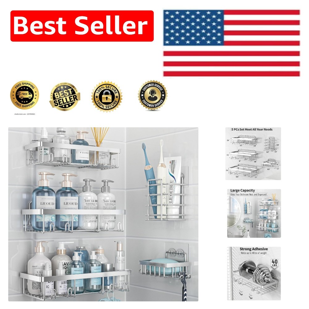 Rustproof 5-Piece Shower Caddy Set – Easy Adhesive Installation & Large Capacity