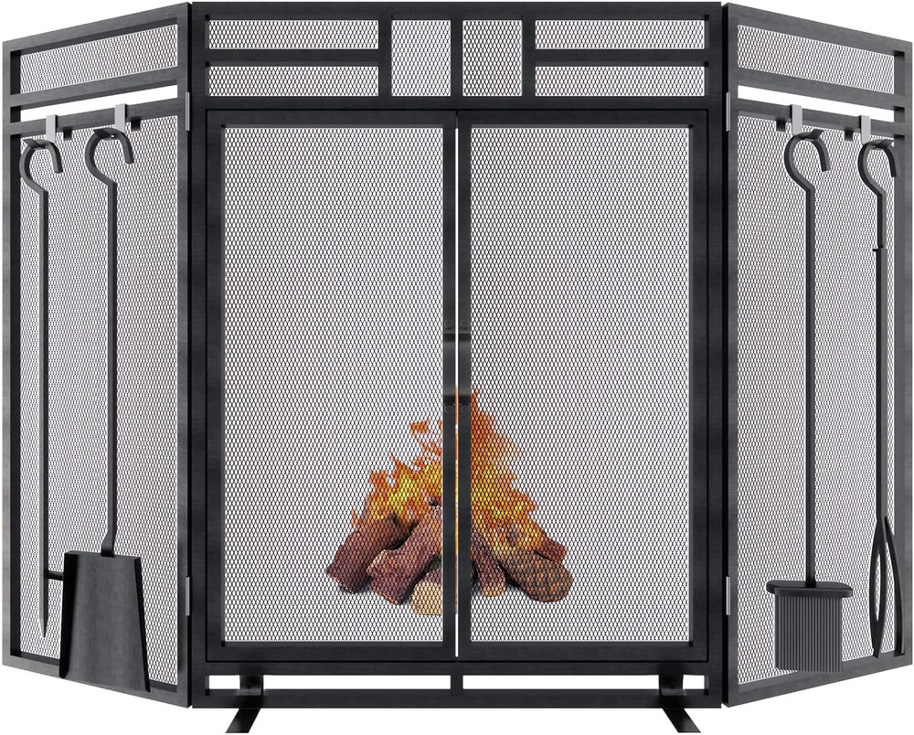 Fireplace Screen with Doors and Tools Set,3 Panel Foldable Metal Fireplace Guard