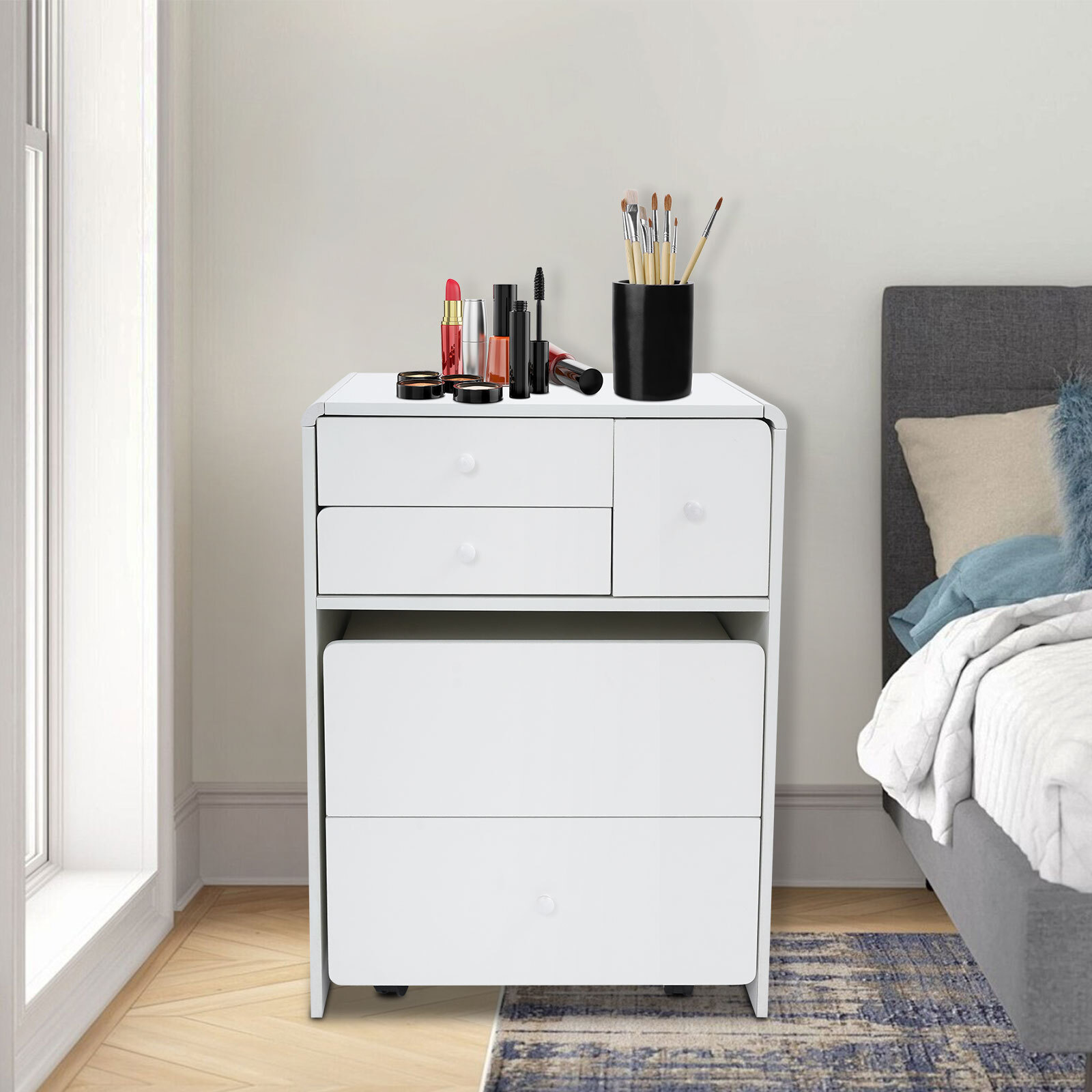 Makeup Vanity Desk with Wheels 60*40*78cm Corner Makeup Table for Compact Space