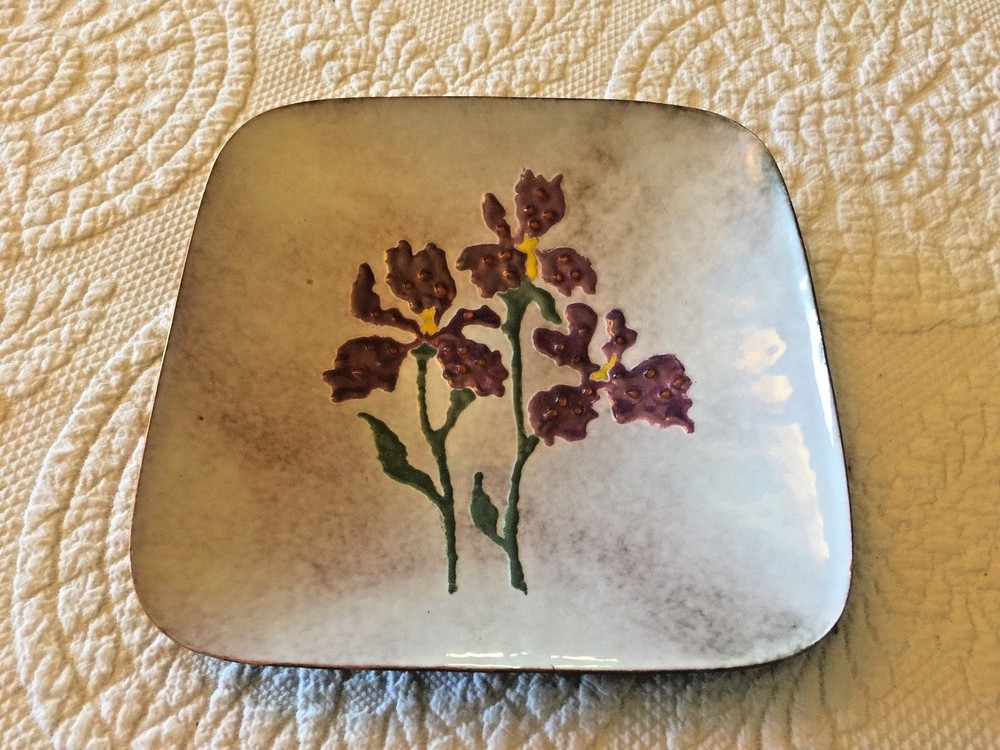 Enamel On Copper Bearded Iris Square Plate