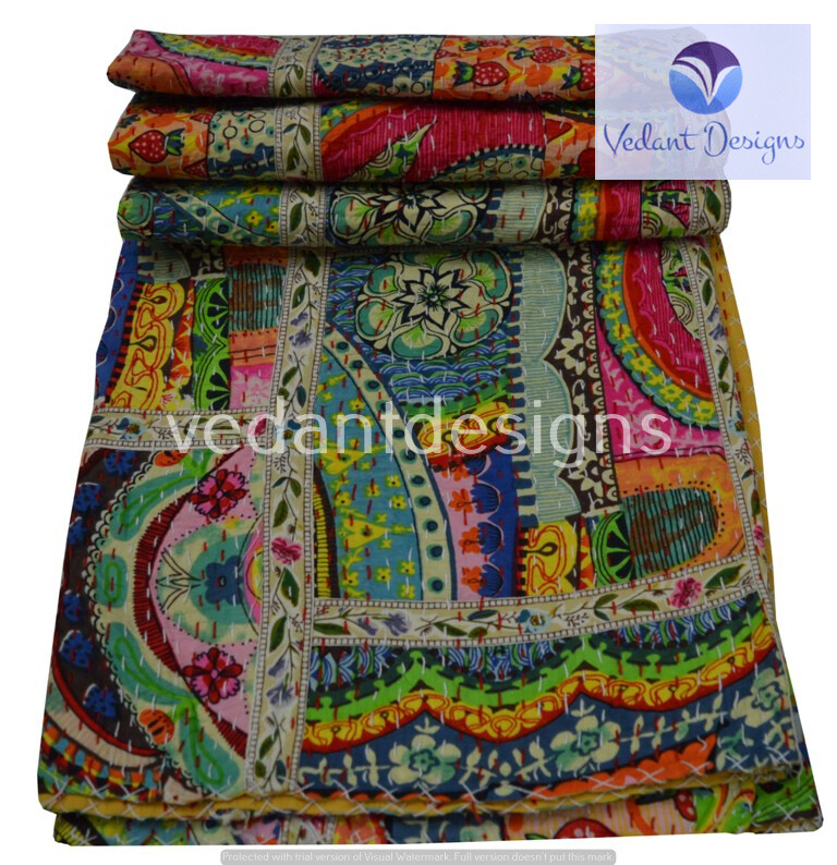 Reversible Patchwork Kantha Quilt Multicolor Single Blanket Bohemian Bed Runner