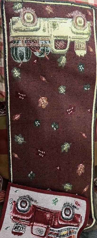 Table Runner Set with Fall Truck & Leaves Pattern, Tassels, Red Beige 68 x 12”