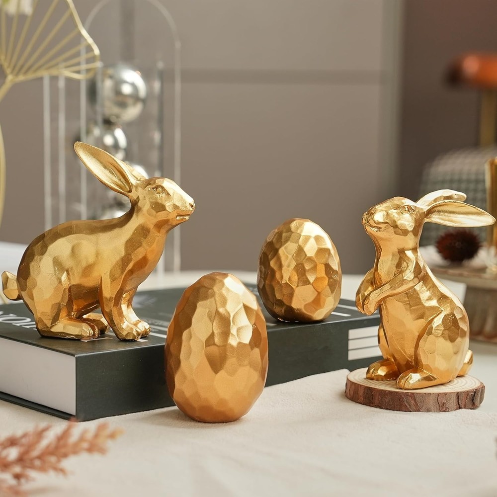 Gold Easter Bunny and Egg Set, 4Pcs Resin Easter Rabbit and Egg Figurines, Small
