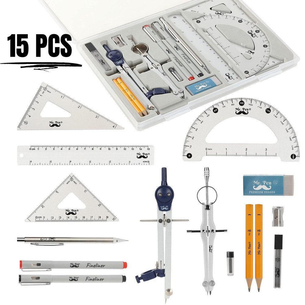 Mr. Pen- Professional Geometry Set, 15 pcs, Drafting Tools with Silver