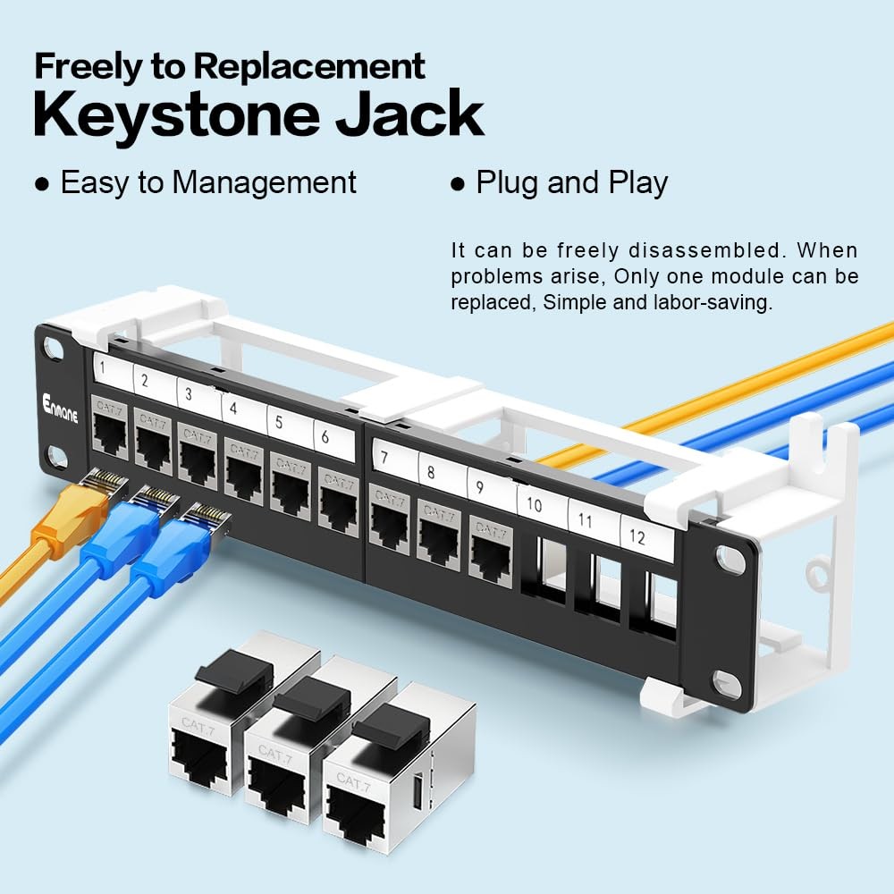 12 Port Patch Panel CAT7 Keystone Patch Panel Wall Mount 10 Inch Bracket Incl...