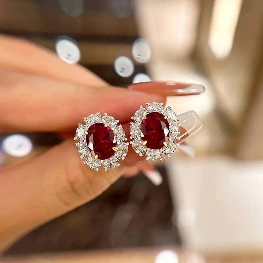 5.00 Ct Oval Cut Natural Ruby Diamond Earring 14K Solid White Gold stud