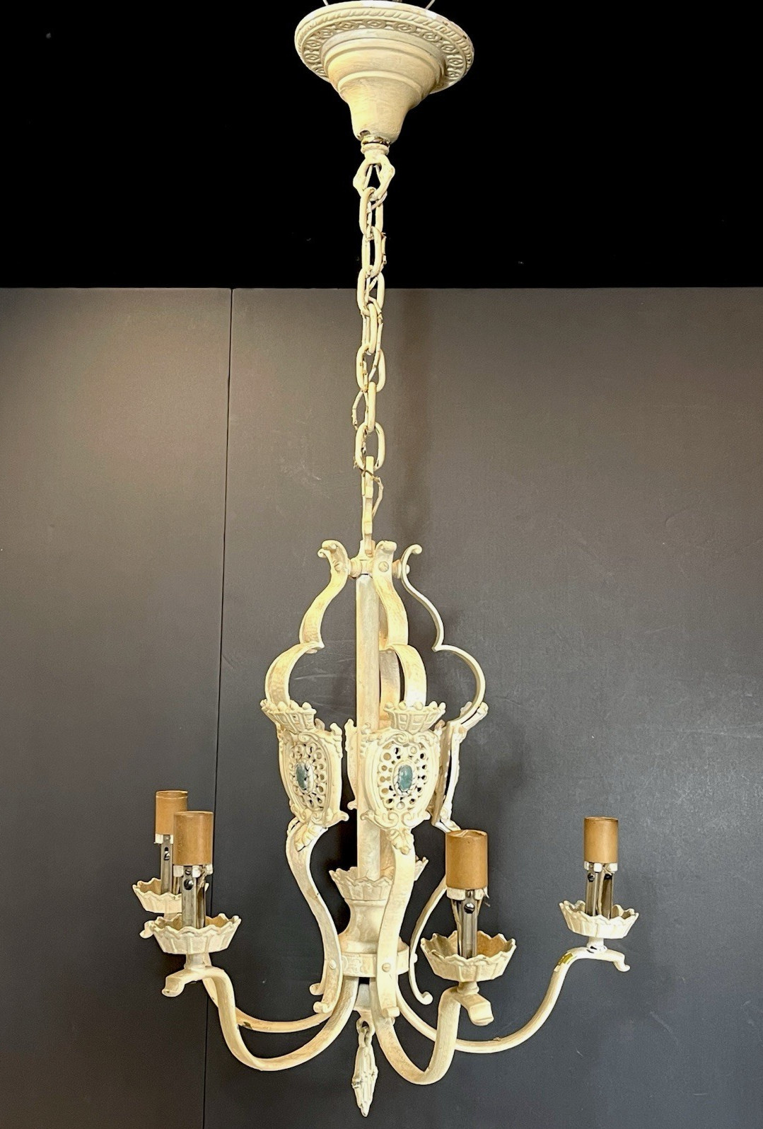 Antique Victorian Gothic Brass Chandelier, 5 Lights, Painted Needs REWIRED