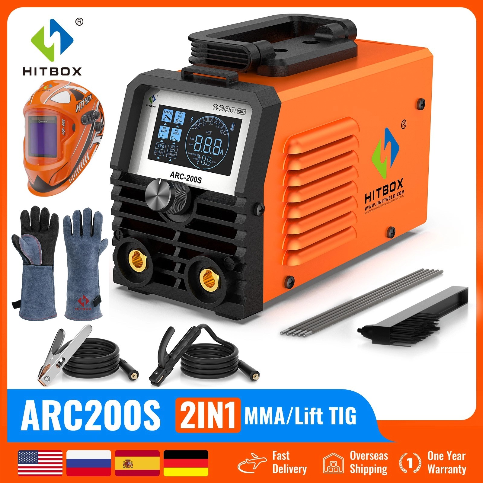 HITBOX 200A Stick Welder 110V  ARC MMA Lift TIG Welding Machine & Helmet &Gloves