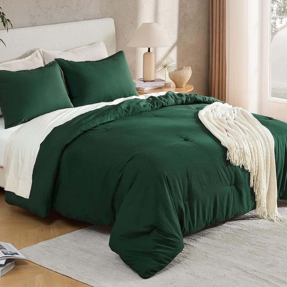 Andency Dark Emerald Green Full Size Comforter Set, 3 Pieces Boho Solid Forest
