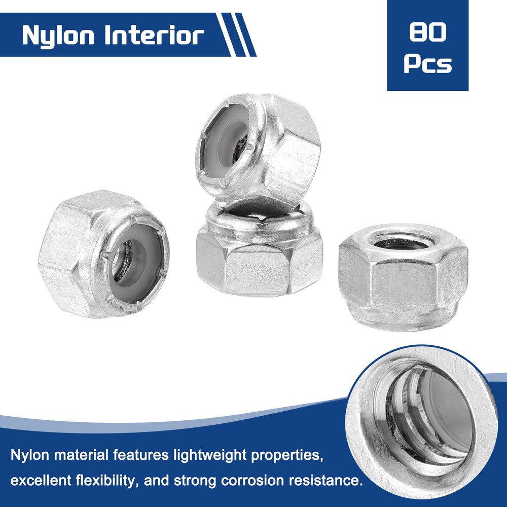 80Pcs Nylon Lock Hex Nuts - [1/4" x 20], 304 Stainless Nuts, Silver