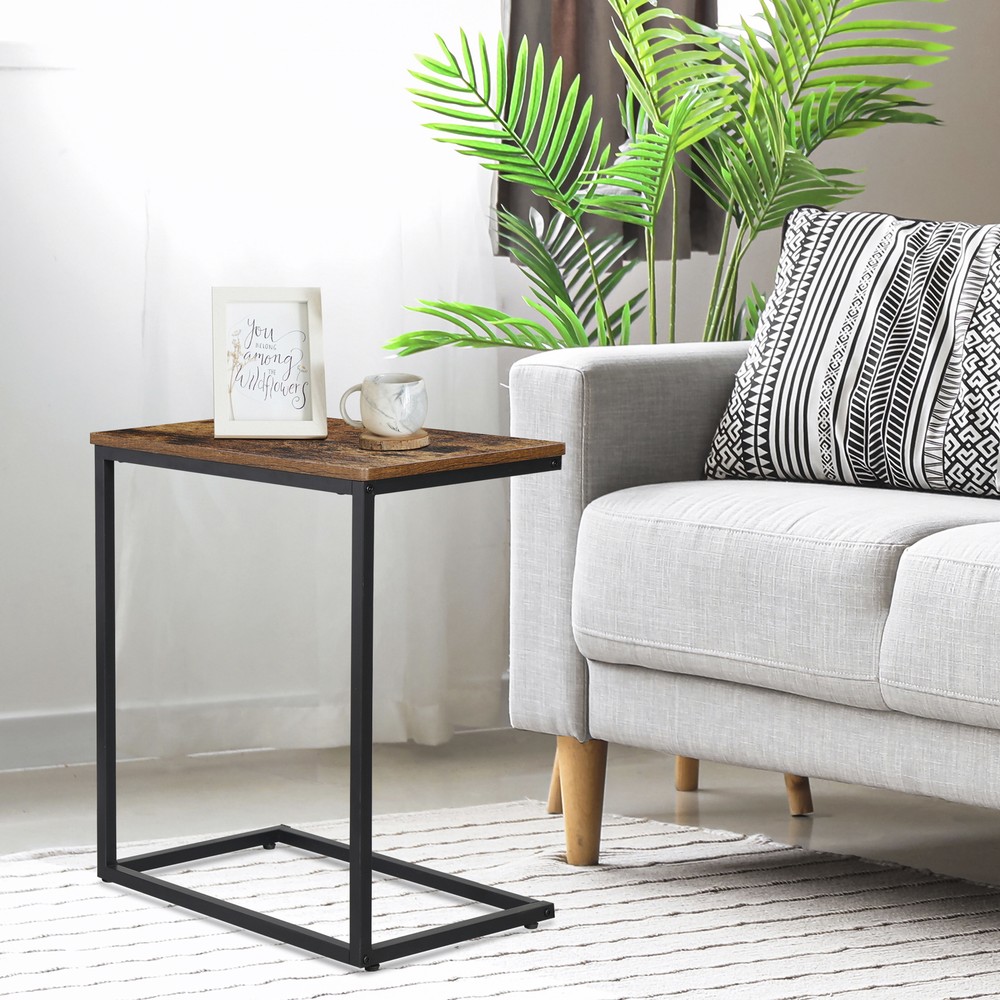 C Shaped End Table Living Room Side Table for Couch Slide Under Rustic Brown