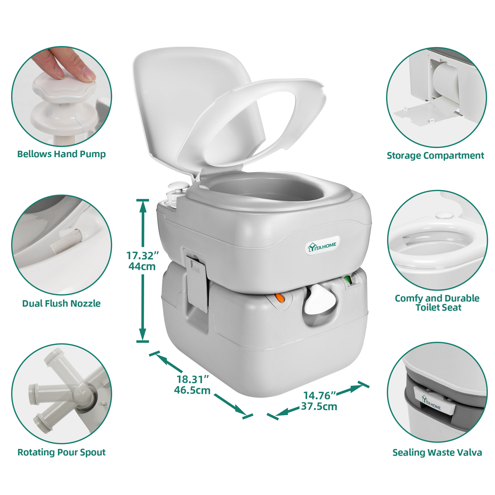 5.8 Gallons 22 L Portable Toilet Flushing Indoor Outdoor Travel Camping RV Potty