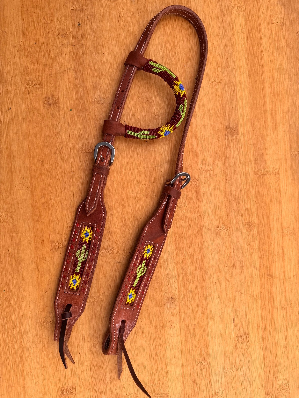 Beaded Cactus Beautiful One Ear Western Horse Headstall ~ SOFT Leather
