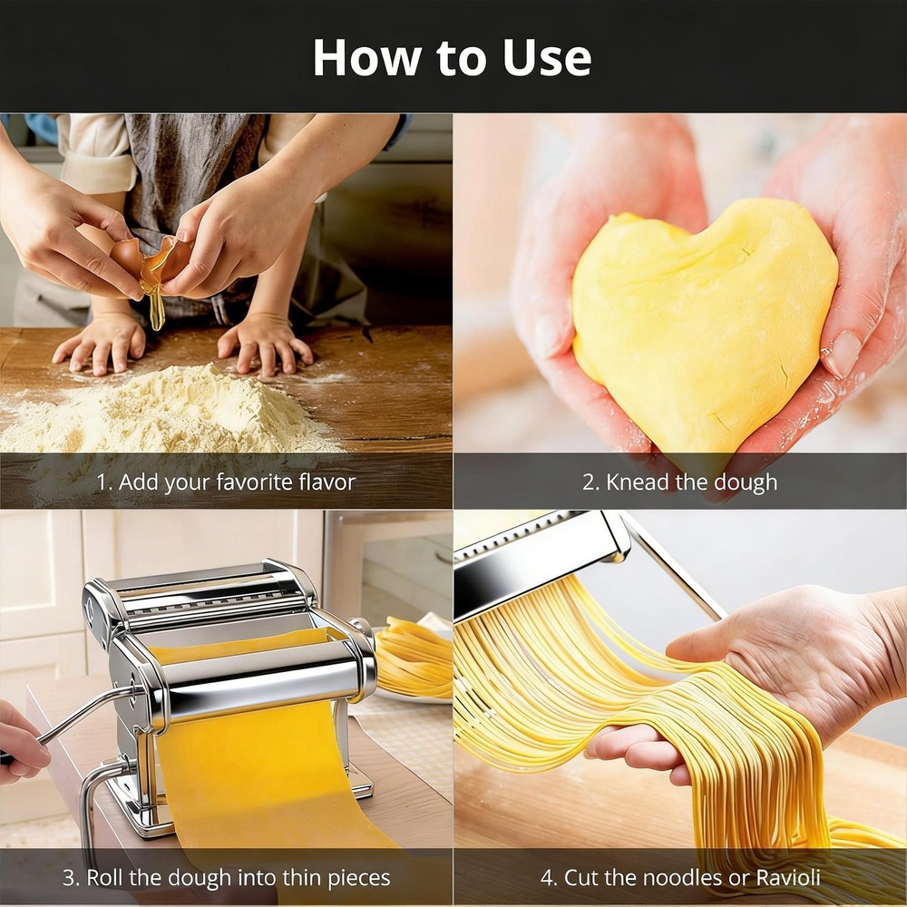 Stainless Steel Pasta Maker Manual Roller Machine 9 Thickness Settings Cutter