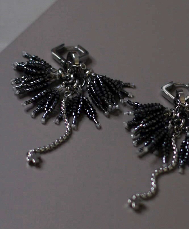 Handcrafted Beaded Dangle Earrings, Black Silver Tone