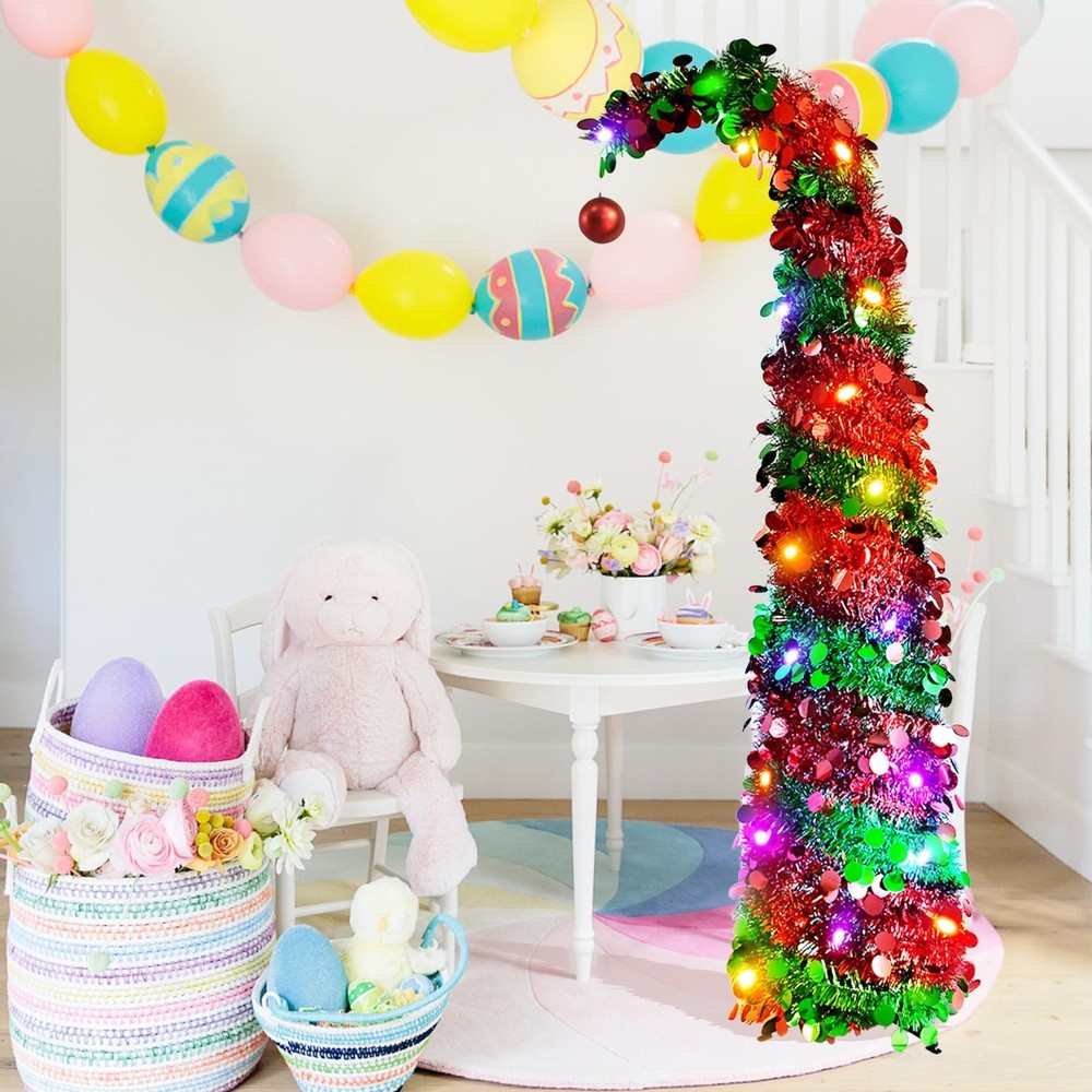 5FT Pre-Lit Pop Up Easter Tree LED Tinsel Collapsible Indoor Decor