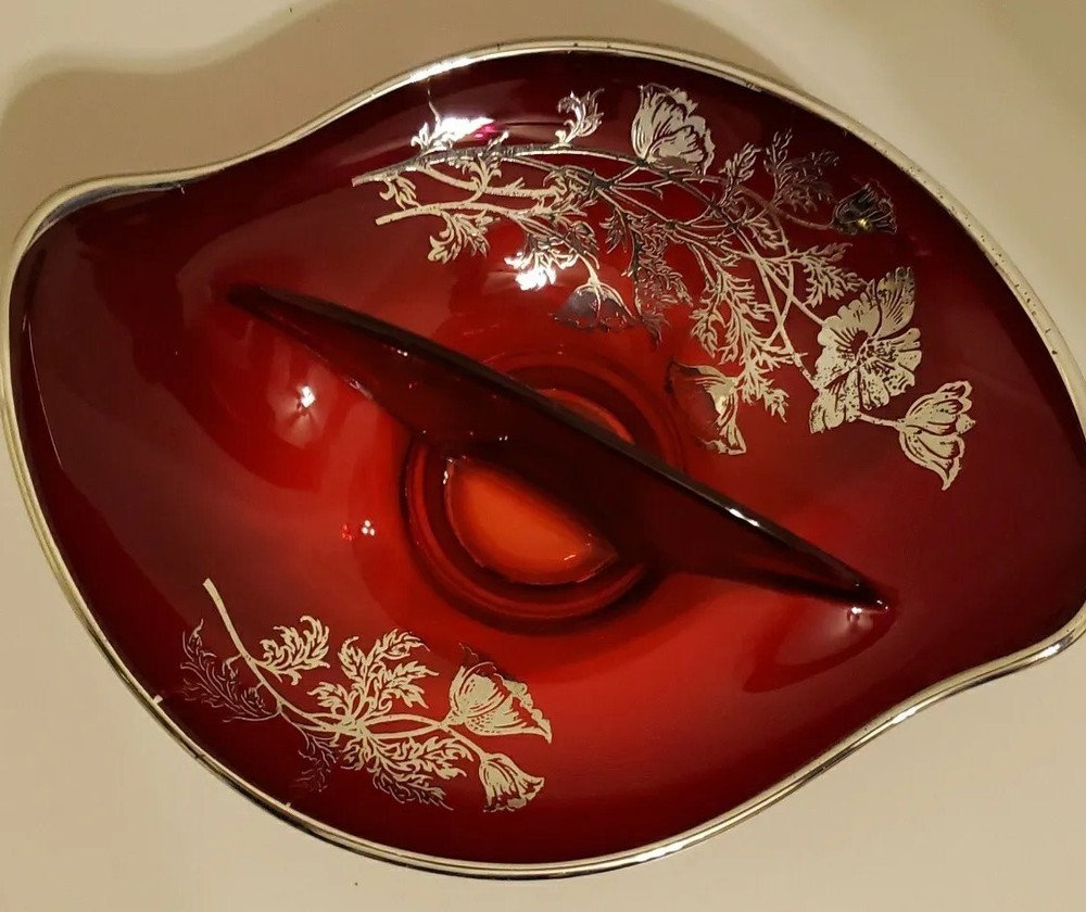 Vintage SILVER CITY Flanders Ruby Red Divided Dish Silver Overlay