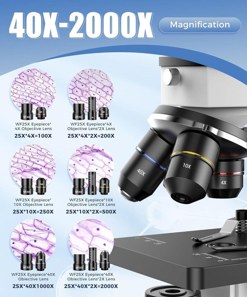 Educational Compound Microscope for Students - 2000X Magnification with Slides