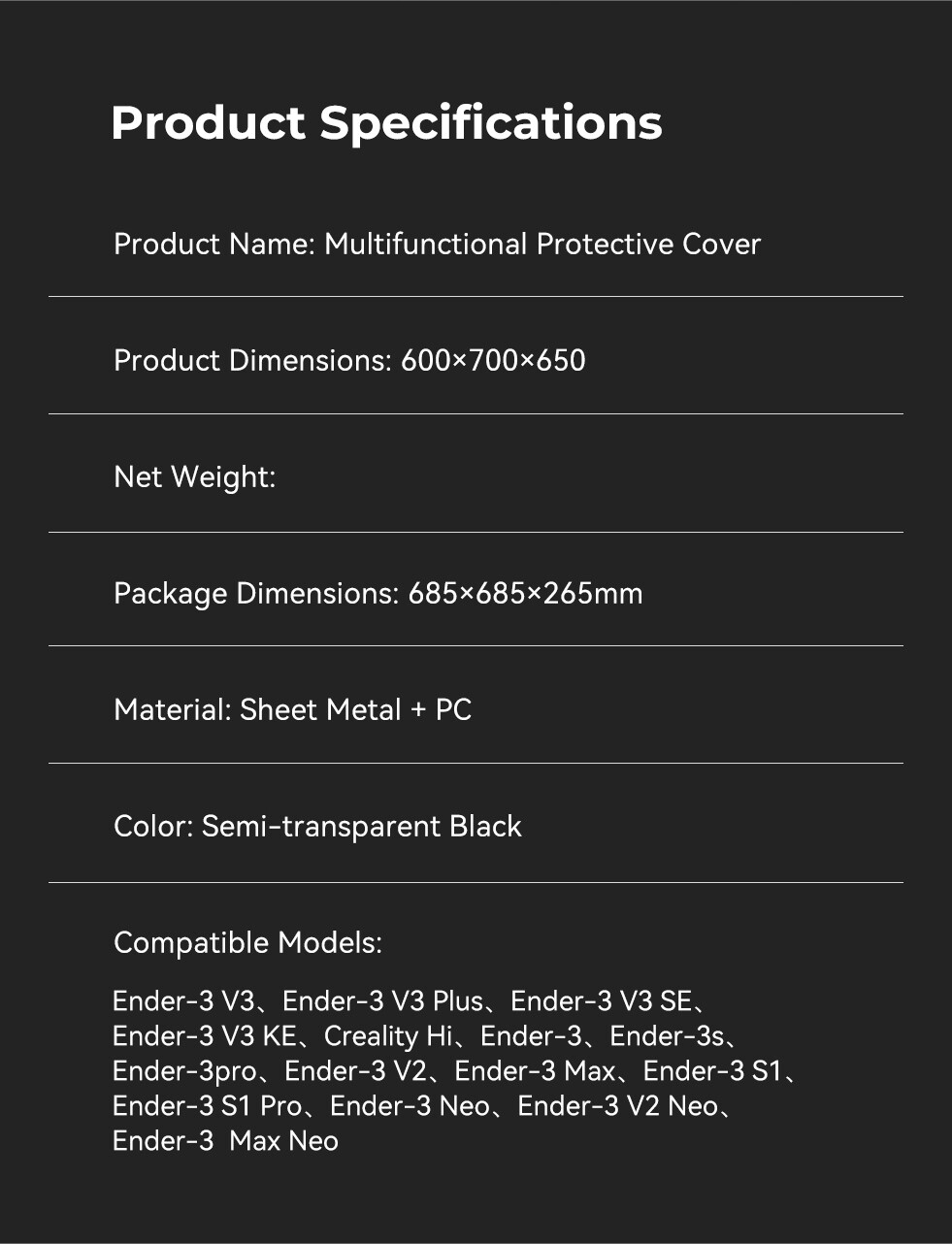 Creality Multifunctional Protective Cover for Creality Hi/Ender-3 V3 SE/V3 KE