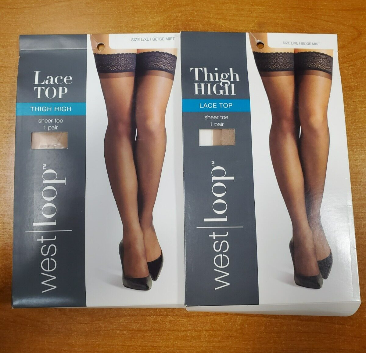 2 Pairs: West Loop Lace Top, Thigh High, Sheer Toe, Pantyhose L/XL Beige Mist 5B