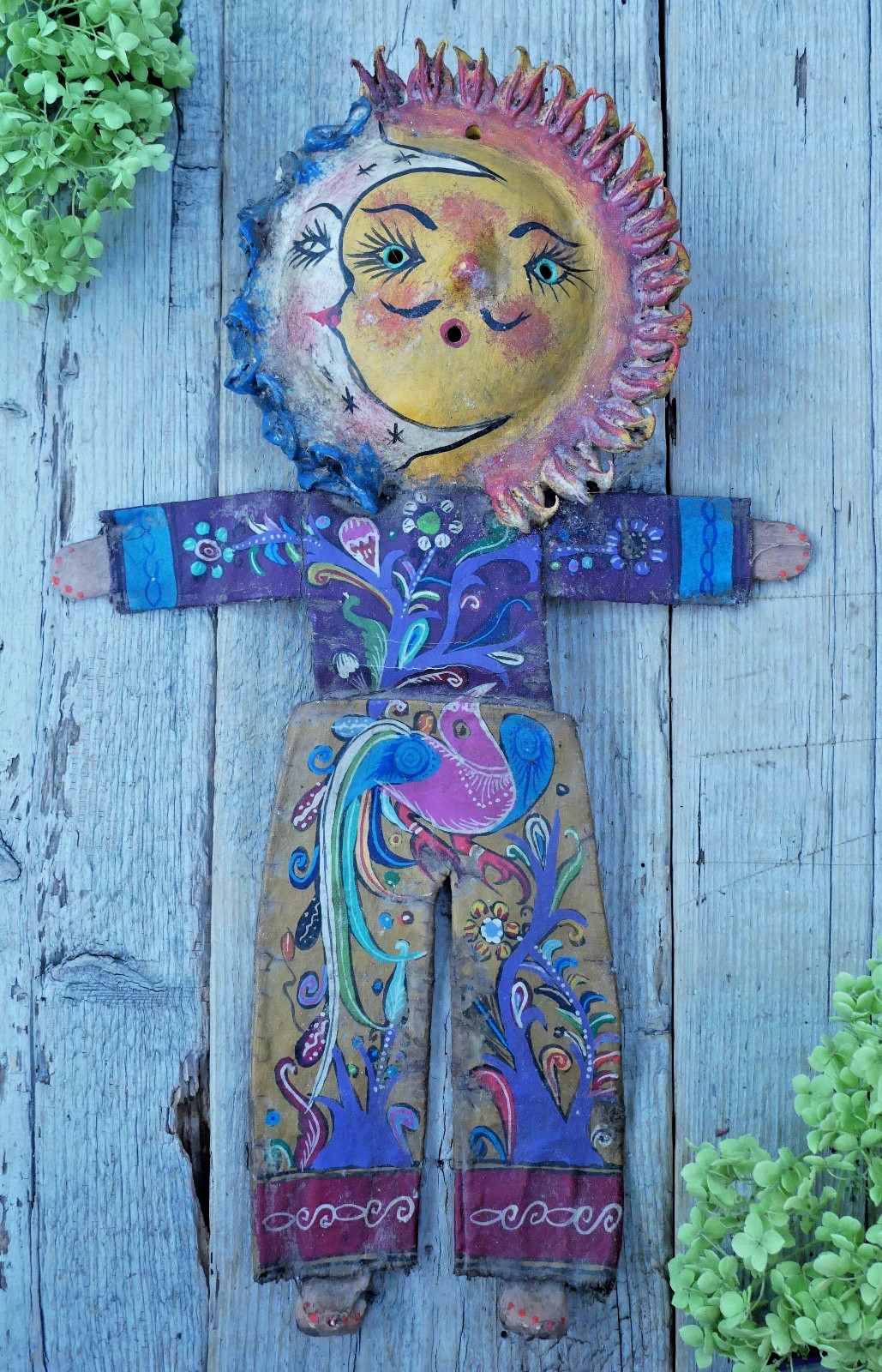 Sun Moon Face Man Hand Painted Handmade Canvas Coconut Guerrero Mexico Folk Art