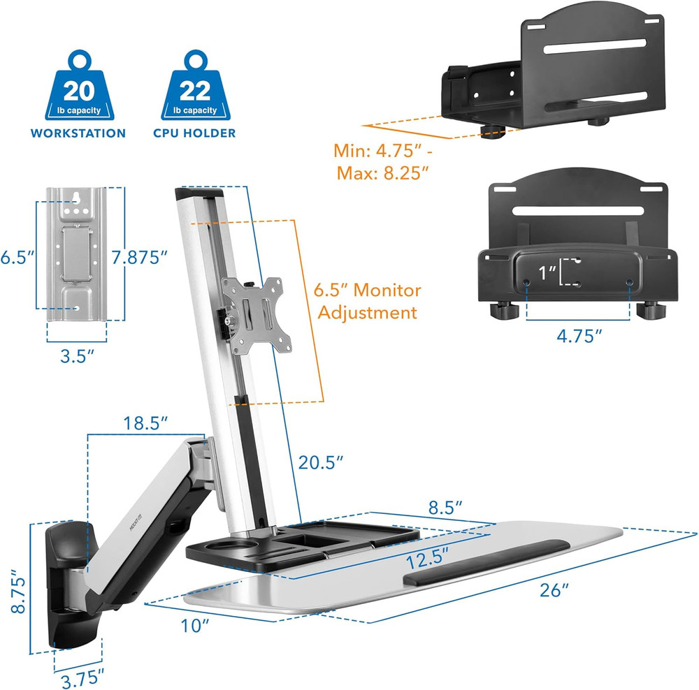 Sit Stand Wall Mount Workstation | Adjustable Height Stand up Computer Station w