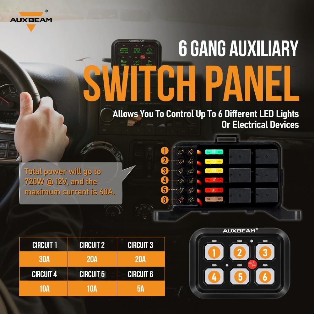 AUXBEAM 6 Gang Switch Panel LED Light Electronic Relay Circuit Control System