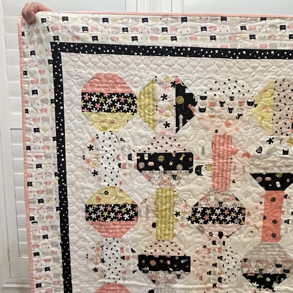 Handmade Cats and Camper Trailers Patchwork Quilt Blanket Pink