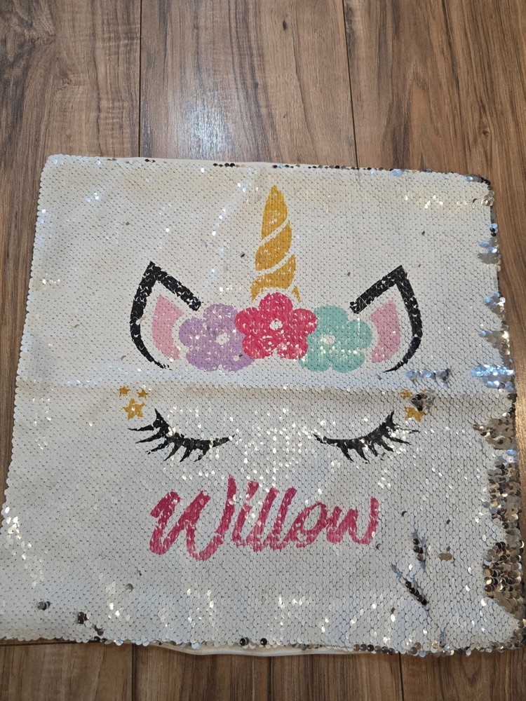 sequin unicorn pillowcase with the name Willow