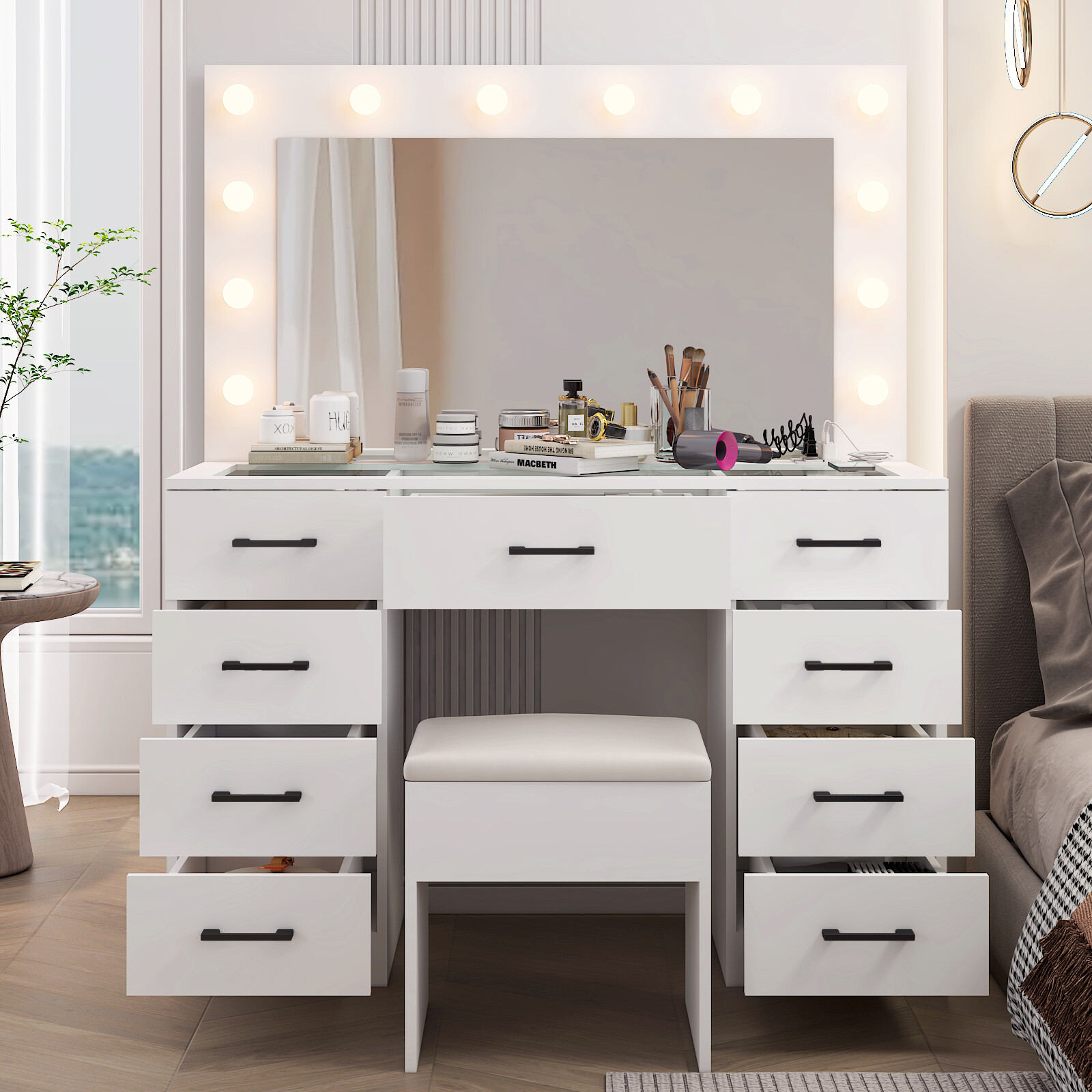 Vanity Set Desk 9 Drawers Large Mirror with Power Outlet LED Lights Makeup Table