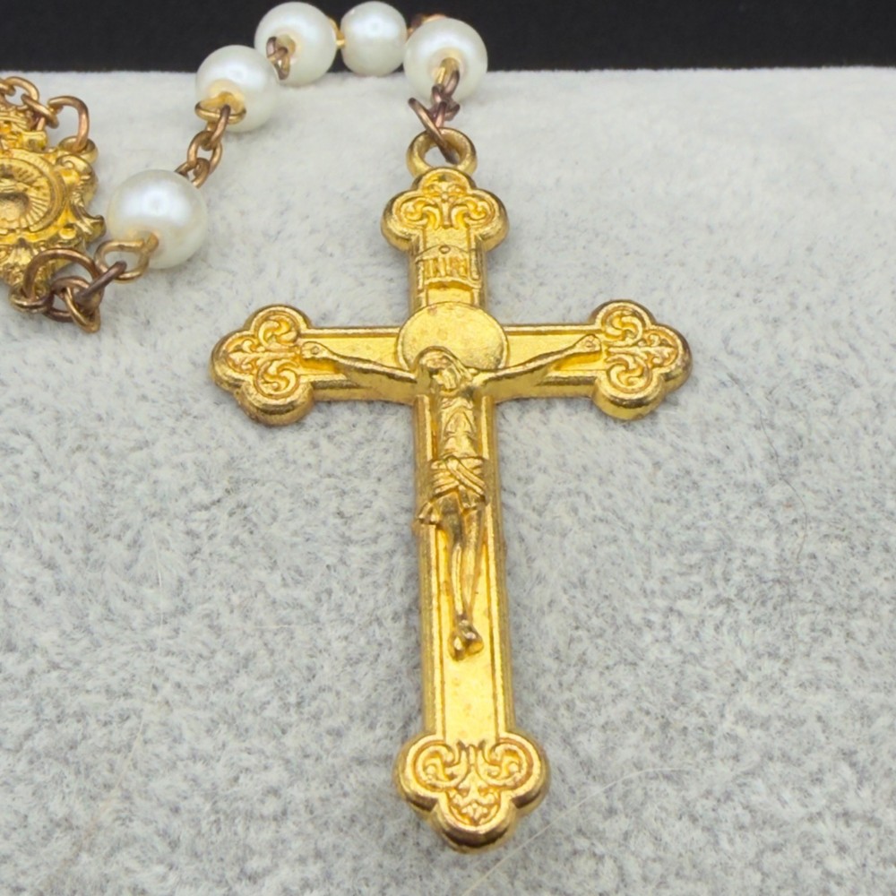 Vintage Catholic Rosary With Gold-Tone Cross & White Beads READ
