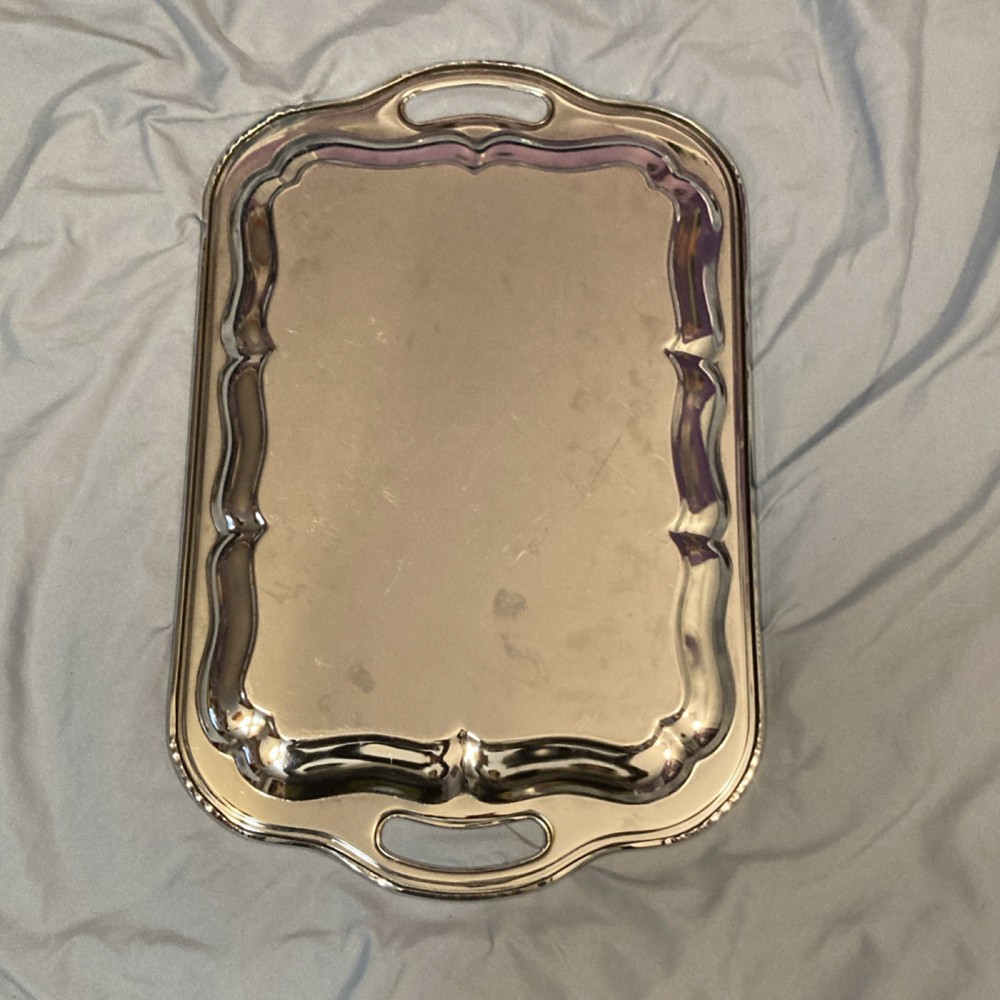 Silver-Plated Ornate Rectangular Serving Tray with Handles, 20 Inches