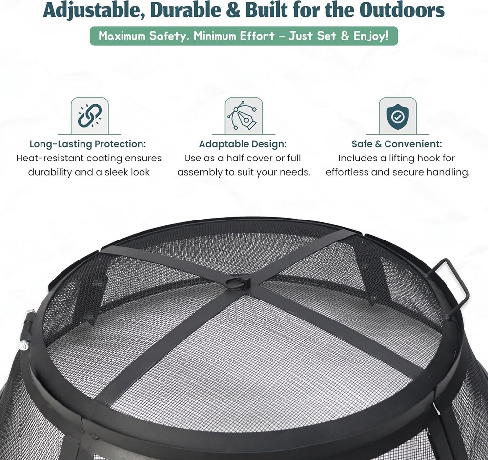 Febtech 40" Round Fire Pit Spark Screen – Heavy-Duty with Lifting Hook