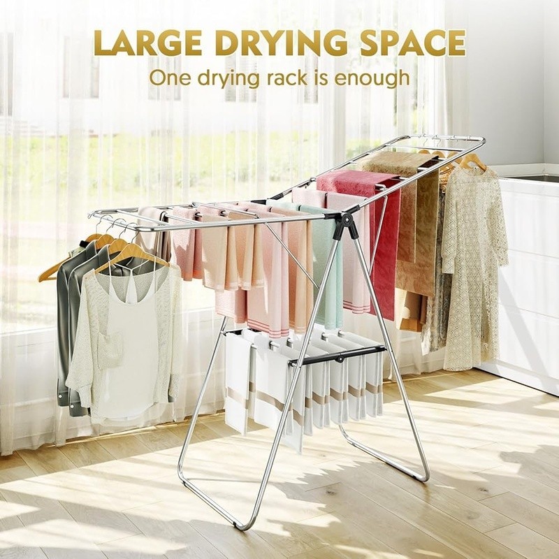 Clothes Drying Rack Clothing with Height-Adjustable Foldable Gullwings Laundry